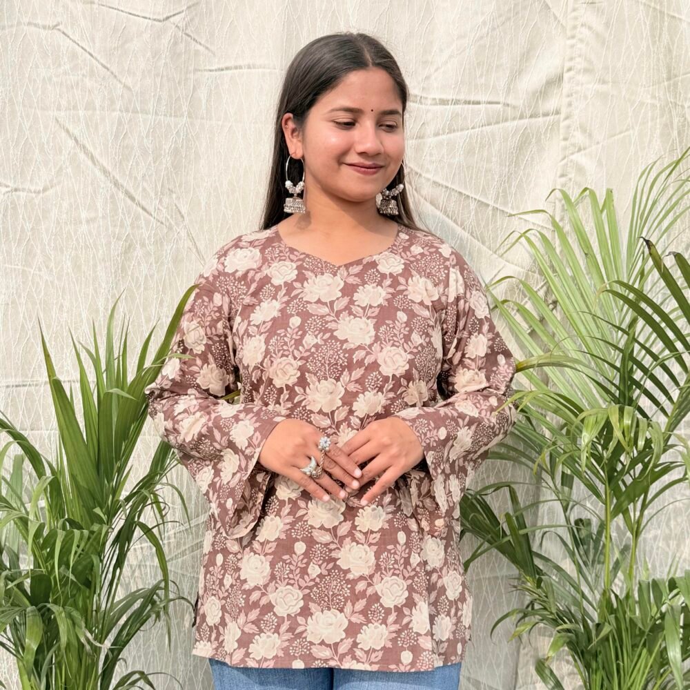 Kashish - Earthy Brown Paan Neck Kurti with Bell Sleeves