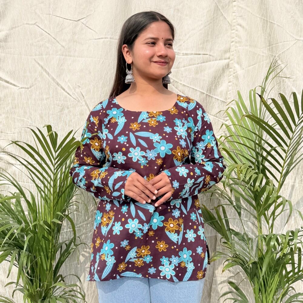 Neel Manjri Floral Kurti  - Round Neck Bell Sleeve