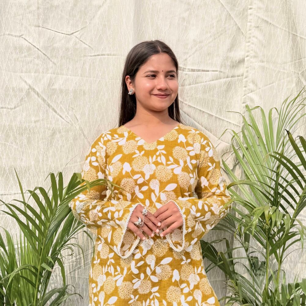 Mratika - Elegant V-Neck Bell Sleeve Kurti in Earthy Yellow 2