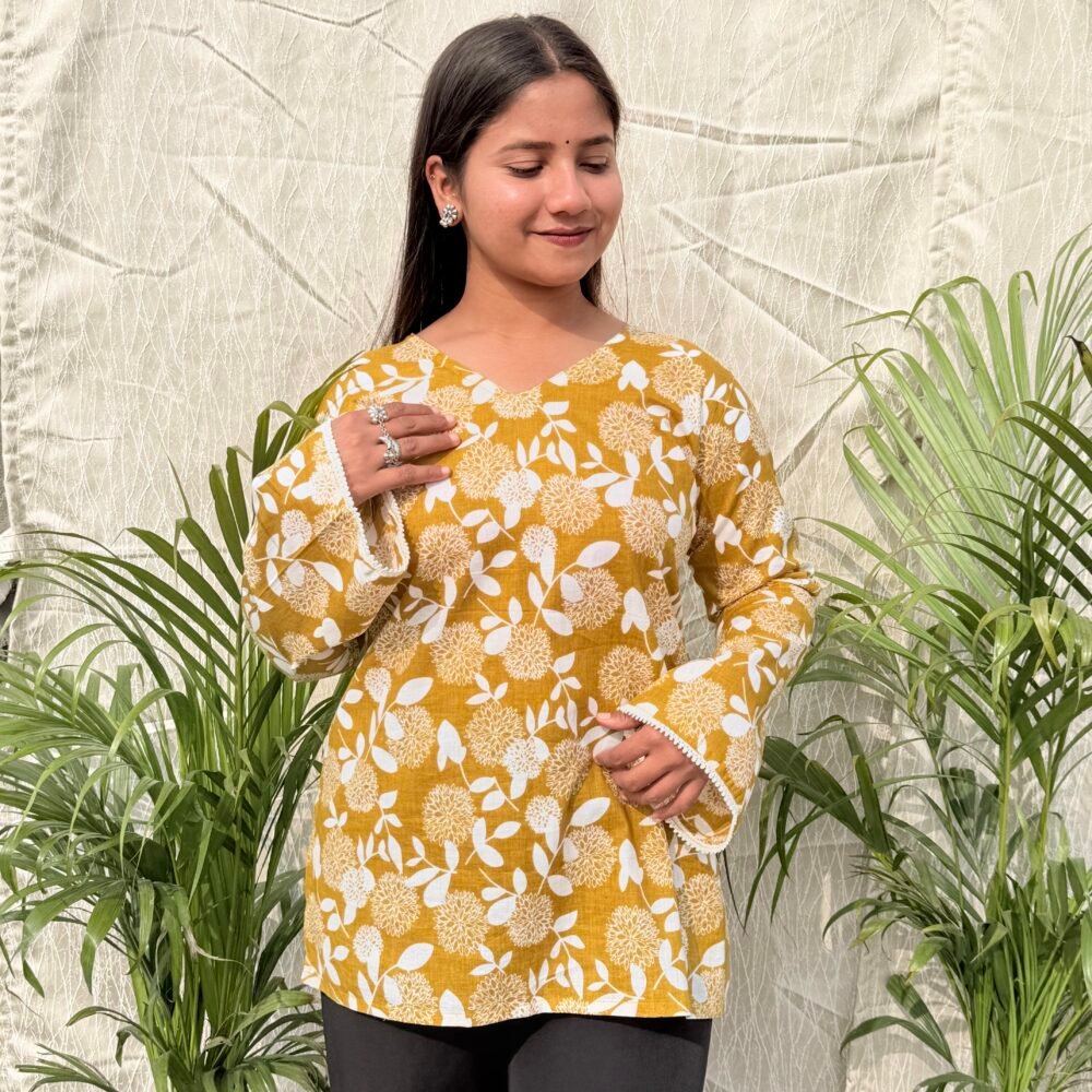 Mratika - Elegant V-Neck Bell Sleeve Kurti in Earthy Yellow