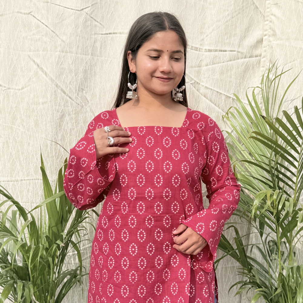 Madhubani - Vibrant Pink Square Neck Kurti with Bell Sleeves