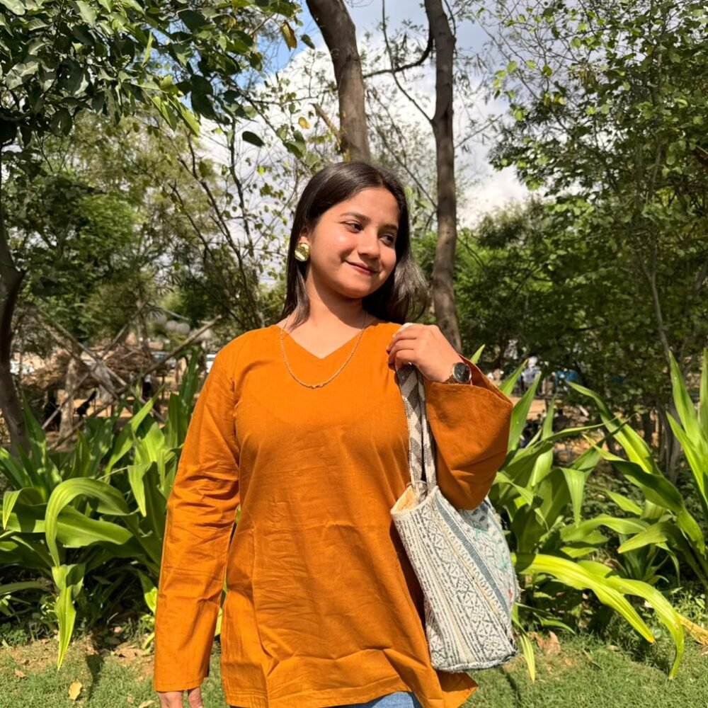 Vastrika - Plain V-Neck Bell Sleeve Kurti In Mustard